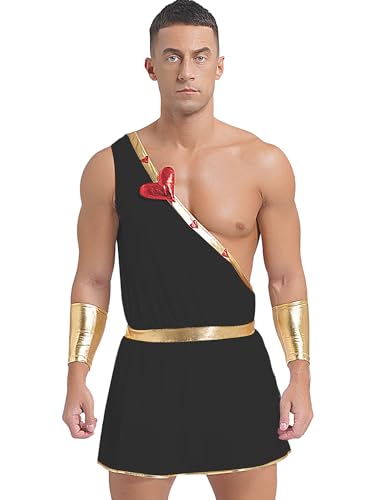 Agoky Herren Römer Krieger Kostüm Gladiator Rock Ein-Schulter Träger Latzrock mit Metallic Armbändern Halloween Mottoparty Cosplay Outfits Schwarz M von Agoky