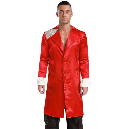 Agoky Herren Satin Anzugjacke Langer Mantel mit Revers Kragen Pailletten Spleiß Blazer Langarm mit Rüschen Edel Vampire Piraten Jacke Outerwear Burgundy XXL von Agoky