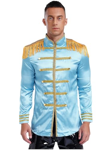 Agoky Herren Satin Blazer Zirkusdirektor Kostüm Stehkragen Jacke mit Quasten Showman Cosplay Outfits Mantel Goldene Besatz Jacket Outerwear Hellblau M von Agoky