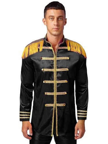 Agoky Herren Satin Blazer Zirkusdirektor Kostüm Stehkragen Jacke mit Quasten Showman Cosplay Outfits Mantel Goldene Besatz Jacket Outerwear Schwarz S von Agoky