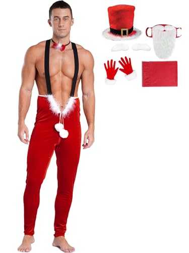 Agoky Herren Weihnachten Kostüm Velvet Hose Slim Fit Pants mit Hosenträger Weihnachtsmütze Handschuhe Fliege Weihnachtsmann Bart Santa Claus Cosplay Outfits Rot A 3XL von Agoky