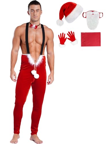 Agoky Herren Weihnachten Kostüm Velvet Hose Slim Fit Pants mit Hosenträger Weihnachtsmütze Handschuhe Fliege Weihnachtsmann Bart Santa Claus Cosplay Outfits Rot B 3XL von Agoky