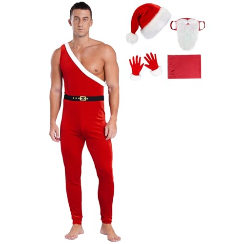 Agoky Herren Weihnachtsmann Kostüm Ein-Schulter Jumpsuit Overall mit Weihnachtsmütze Bart Hanschuhe und Augenbrauen Nikolaus Cosplay Outfits Rot A 3XL von Agoky