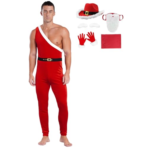 Agoky Herren Weihnachtsmann Kostüm Ein-Schulter Jumpsuit Overall mit Weihnachtsmütze Bart Hanschuhe und Augenbrauen Nikolaus Cosplay Outfits Rot B 3XL von Agoky