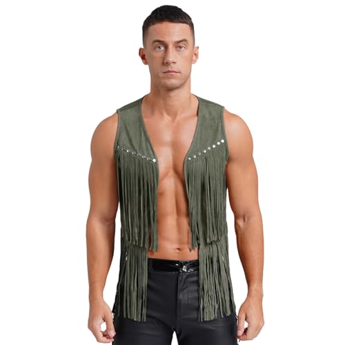 Agoky Herren Western Cowboy Weste Wildleder Gilet mit Fransen Übergangsweste Reiter Top Ärmellos Strickjacke Cardigen Hippie Kostüm Armeegrün XXL von Agoky