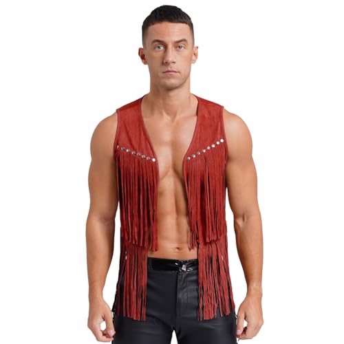 Agoky Herren Western Cowboy Weste Wildleder Gilet mit Fransen Übergangsweste Reiter Top Ärmellos Strickjacke Cardigen Hippie Kostüm Rot XXL von Agoky