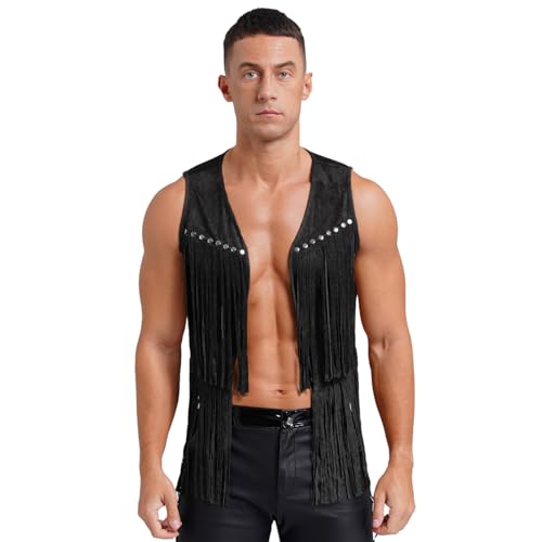 Agoky Herren Western Cowboy Weste Wildleder Gilet mit Fransen Übergangsweste Reiter Top Ärmellos Strickjacke Cardigen Hippie Kostüm Schwarz M von Agoky