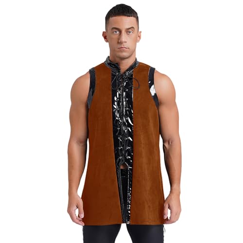 Agoky Herren Wikinger Mittelalter Renaissance Weste Wildleder Lackleder Patchwork Gilet Lang mit Schnürung Waistcoat Gothic Piraten Cosplay Kostüm gr. M-4XL Braun 3XL von Agoky