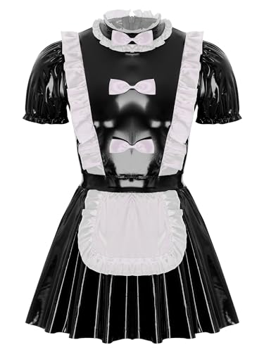 Agoky Herren Zimmermädchen Kostüm Wetlook Dienstmädchen Uniform Nachthemd mit Ausgestelltes Kleid Schürze Männer Sissy Cosplay Outfits Schwarz B 3XL von Agoky