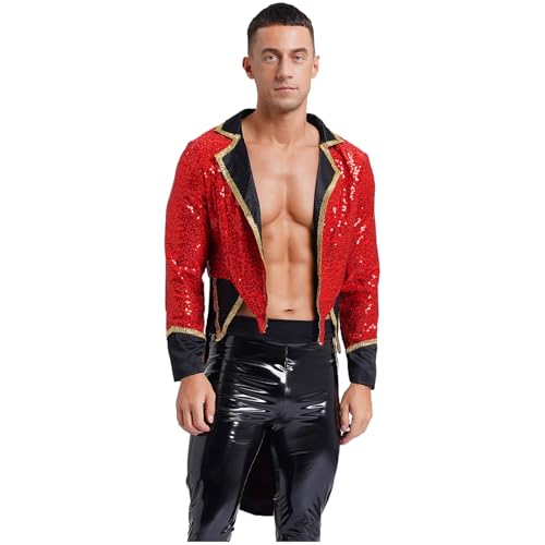 Agoky Herren Zirkusdirektor Kostüm Pailletten Anzugjacke mit Revers Kragen Goldener Besatz Frack Gehrock Gothic Mantel Halloween Party Outfits Rot 3XL von Agoky