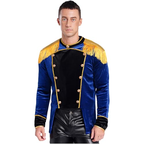 Agoky Herren Zirkusdirektor Kostüm Velvet Anzugjacke mit Fransen Schulterstücke Knöpfe Gothic Steampunk Frack Mantel Halloween Party Outfits Blau 3XL von Agoky