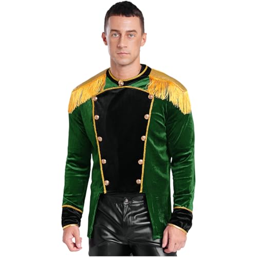 Agoky Herren Zirkusdirektor Kostüm Velvet Anzugjacke mit Fransen Schulterstücke Knöpfe Gothic Steampunk Frack Mantel Halloween Party Outfits Grün XXL von Agoky