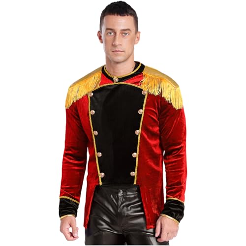 Agoky Herren Zirkusdirektor Kostüm Velvet Anzugjacke mit Fransen Schulterstücke Knöpfe Gothic Steampunk Frack Mantel Halloween Party Outfits Rot M von Agoky