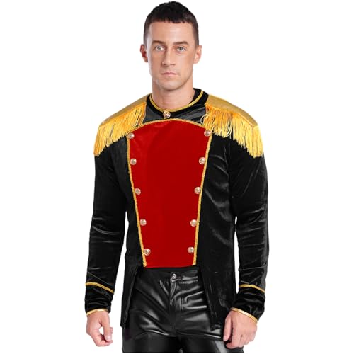 Agoky Herren Zirkusdirektor Kostüm Velvet Anzugjacke mit Fransen Schulterstücke Knöpfe Gothic Steampunk Frack Mantel Halloween Party Outfits Schwarz 3XL von Agoky