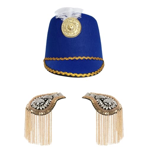 Agoky Junge Mädchen Majorettenhut mit Epauletten Set Spielzeug Soldatenhut Fransen Schulterklappe Vintage Marching Band Hut für Performance Blau One Size von Agoky