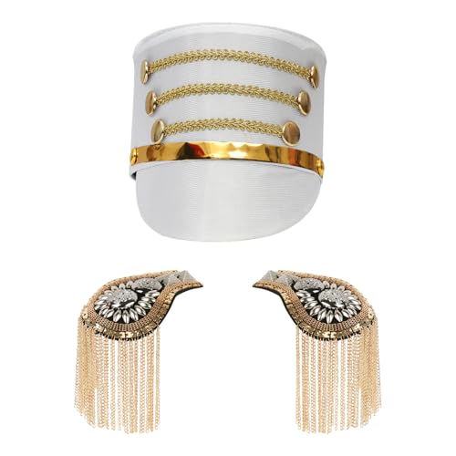 Agoky Junge Mädchen Majorettenhut mit Epauletten Set Spielzeug Soldatenhut Fransen Schulterklappe Vintage Marching Band Hut für Performance Weiß B One Size von Agoky