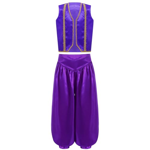 Agoky Jungen Arabischer Prinz Orient Sultan Weste Ärmellos Open Front Gilet mit Lange Weite Hose Flaschengeist Halloween Cosplay Outfits Violett 170 von Agoky