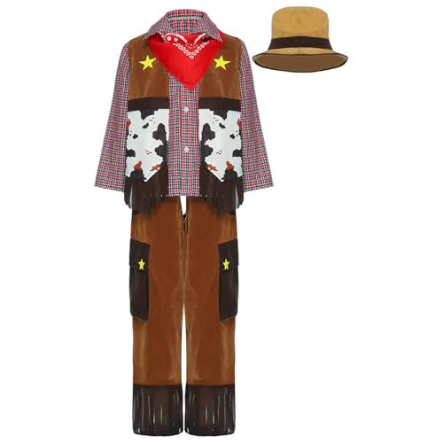 Agoky Jungen Cowboy Kostüm Western Weste Hut und Bandana Kopftuch Langarm Kariertes Hemd und Hose Halloween Fasching Party Outfits Hellbraun 122-140 von Agoky