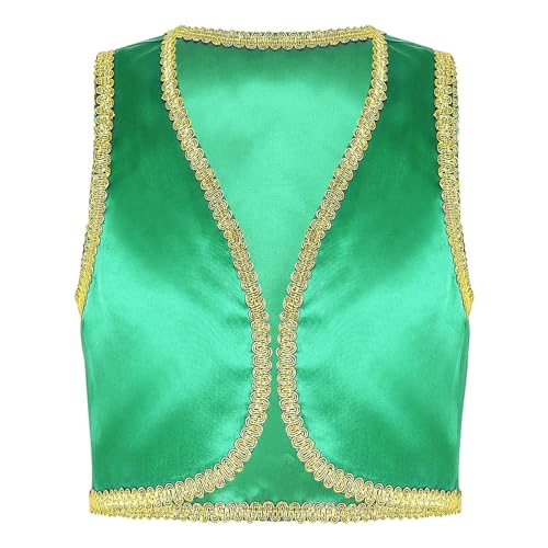 Agoky Jungen Festliche Weste Arabischer Prinz Orient Sultan Gilet Ärmellos Open Front Jacke Flaschengeist Halloween Cosplay Outfits Grün 146-152 von Agoky