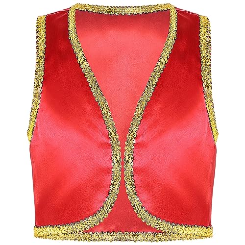 Agoky Jungen Festliche Weste Arabischer Prinz Orient Sultan Gilet Ärmellos Open Front Jacke Flaschengeist Halloween Cosplay Outfits Rot 110-116 von Agoky