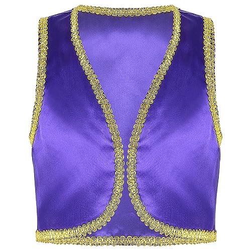 Agoky Jungen Festliche Weste Arabischer Prinz Orient Sultan Gilet Ärmellos Open Front Jacke Flaschengeist Halloween Cosplay Outfits Violett 122-128 von Agoky