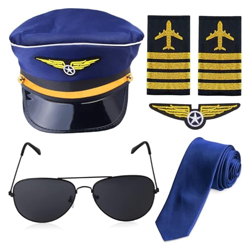 Agoky Kapitän Cosplay Set Matrosenmütze Kapitänsmütze Sonnebrille Schulter Epaulette Krawatte Stewardess Halloween Cosplay Kostüm Fasching Typ B One Size von Agoky