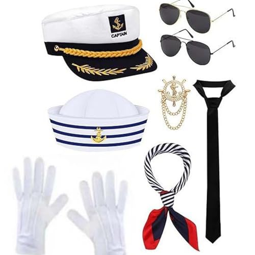 Agoky Kapitän Cosplay Set Matrosenmütze Kapitänsmütze Sonnebrille Schulter Epaulette Krawatte Stewardess Halloween Cosplay Kostüm Fasching Typ C One Size von Agoky