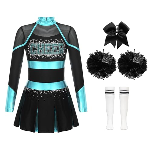 Agoky Kinder Cheer Leader Kostüm Zubehör Komplettes Set Schule Uniform Kleid mit Pompons Overknee Streifen Socken Faschingskostüm J Blau Grün &Weiß 170 von Agoky