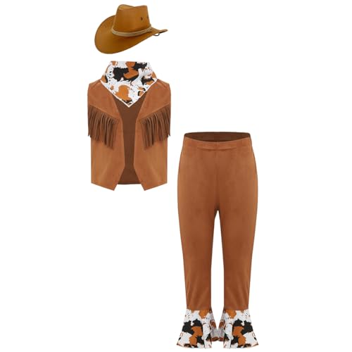 Agoky Kinder Cowboy Kostüm Western Weste Wildleder Hut und Bandana Kopftuch Halloween Fasching Karneval Party Outfits Braun 104-110 von Agoky