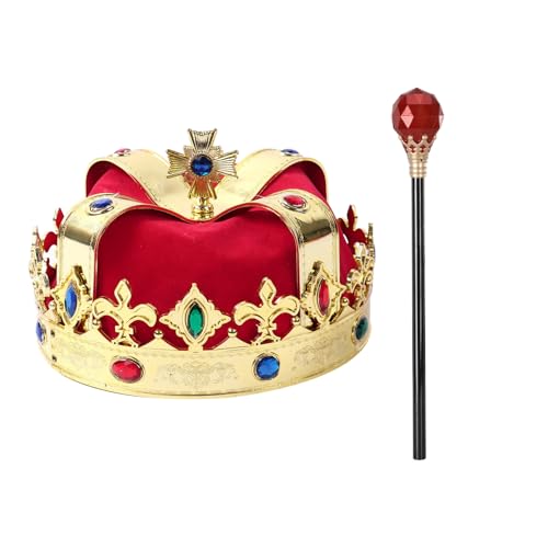 Agoky Kinder Junge König Krone mit Royal Zepter Set Strass Kaiser Tiara Zauberstab Kopfschmuck für Cosplay Fasching Karneval Mottoparty Kostümparty Rot One Size von Agoky