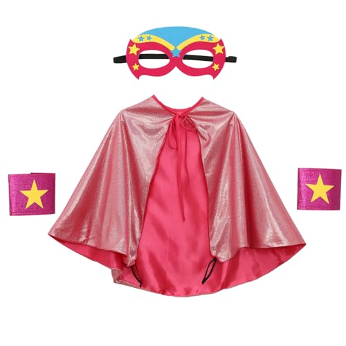 Agoky Kinder Mädchen Superhelden Kostüm Zubehör Umhang Halbgesichtsmaske Armbannd Star Sticker Set Kinderkostüm für Maskerade Performance Hot Pink One Size von Agoky