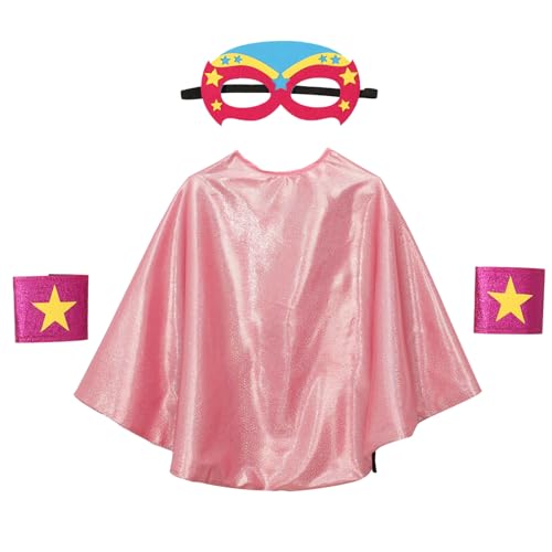 Agoky Kinder Mädchen Superhelden Kostüm Zubehör Umhang Halbgesichtsmaske Armbannd Star Sticker Set Kinderkostüm für Maskerade Performance Rosa One Size von Agoky