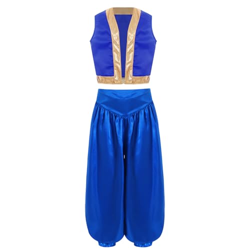 Agoky Kinderkostüm Jungen Arabischer Prinz Kostüm Set aus Ärmellose Satin Weste Oberteil und Lange Hose Halloween Fasching Motto Party Outfits Blau 110-116 von Agoky