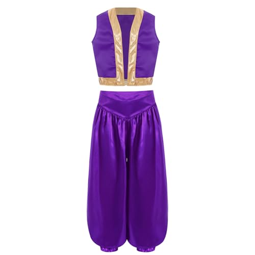 Agoky Kinderkostüm Jungen Arabischer Prinz Kostüm Set aus Ärmellose Satin Weste Oberteil und Lange Hose Halloween Fasching Motto Party Outfits Violett 134-140 von Agoky