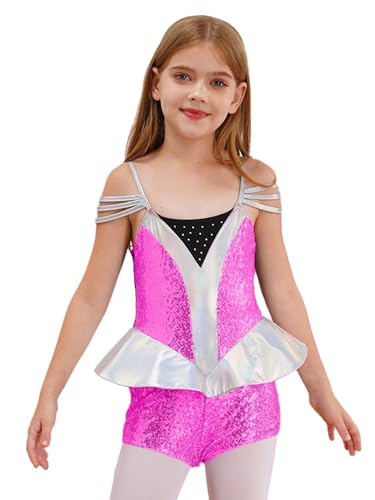 Agoky Mädchen Alien Kostüm Glänzend Pailletten Body Spaghettiträger Leotard mit Bein Volants Turnanzug Gymnastikanzug Eiskunstlauf Bekleidung Hot Pink 122-128 von Agoky