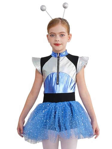 Agoky Mädchen Alien Kostüm Glänzende Kleider mit Tutu Rock Haarreifen Ballettkleid Tanzkleid Halloween Fasching Cosplay Outfits Blau 134-140 von Agoky