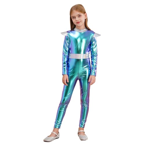 Agoky Mädchen Alien Kostüm Metallic Body Langarm Ganzkörperanzug mit Rollkragen Glänzend Trikot Leotard Halloween Fasching Cosplay Outfits Blau 110-116 von Agoky