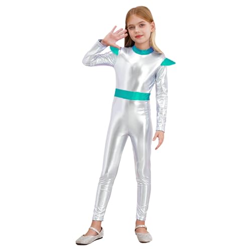 Agoky Mädchen Alien Kostüm Metallic Body Langarm Ganzkörperanzug mit Rollkragen Glänzend Trikot Leotard Halloween Fasching Cosplay Outfits Silber 134-140 von Agoky