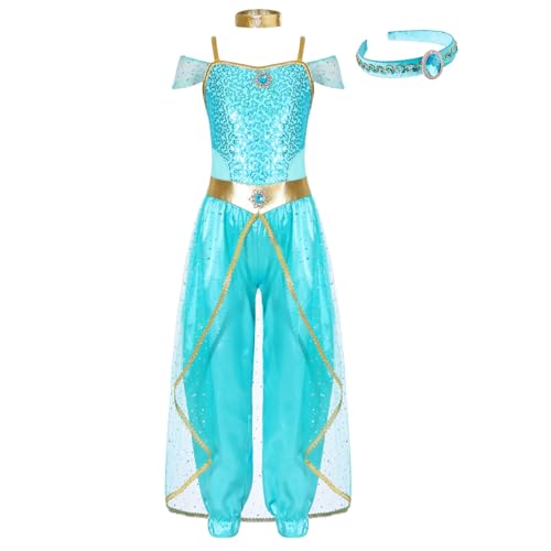 Agoky Mädchen Bauchtanz Kleidung Set aus Pailetten Crop Top und Pumphose Stirnband Kopfbedeckung indische Prinzessin Party Wettbewerb Outfits Hellblau 110-116 von Agoky