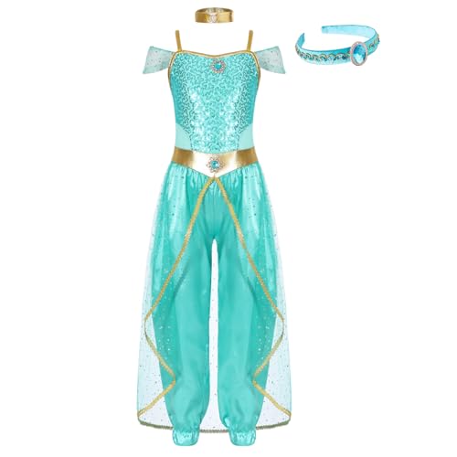 Agoky Mädchen Bauchtanz Kleidung Set aus Pailetten Crop Top und Pumphose Stirnband Kopfbedeckung indische Prinzessin Party Wettbewerb Outfits Hellgrün 110-116 von Agoky