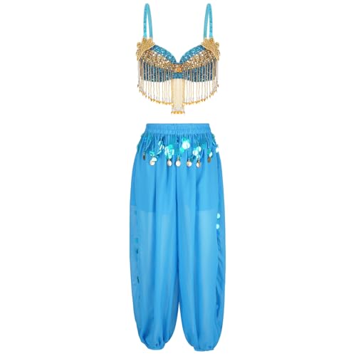 Agoky Mädchen Bauchtanz Kostüme Set Glänzend Pailletten BH Top Push up Oberteil + Weite Hose Prinzessin Indien Tanz Outfits Dancewear Hellblau Einheitsgröße von Agoky