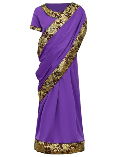 Agoky Mädchen Hindi-Kino Kostüm Kleid Kurzarm Tunika Wickelkleider mit Goldene Muster Festliche Indische Prinzessin Kostüm Violett 110-116 von Agoky