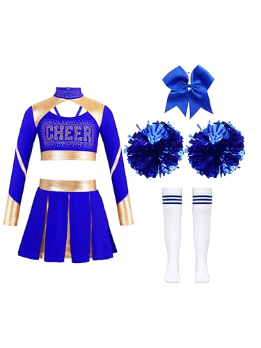 Agoky Mädchen Cheer leader Kostüm Uniform Langarm Crop Top mit Rock und College Sport Socken Handblumen Haargummi Tanz Kleidung Set Karneval Outfits Blau 122-128 von Agoky