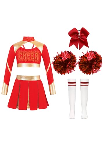 Agoky Mädchen Cheer leader Kostüm Uniform Langarm Crop Top mit Rock und College Sport Socken Handblumen Haargummi Tanz Kleidung Set Karneval Outfits Rot 110-116 von Agoky