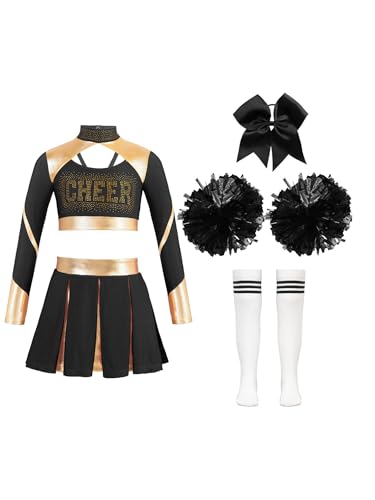 Agoky Mädchen Cheer leader Kostüm Uniform Langarm Crop Top mit Rock und College Sport Socken Handblumen Haargummi Tanz Kleidung Set Karneval Outfits Schwarz 146-152 von Agoky