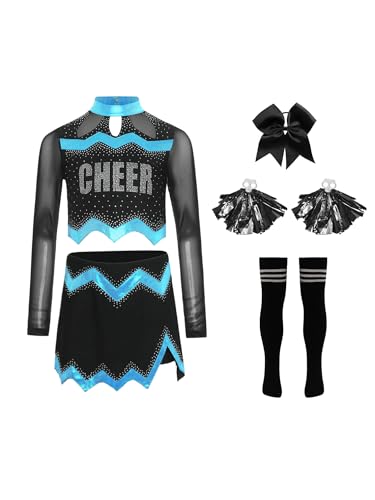 Agoky Mädchen Cheerleading Uniform Tanzkostüm Langarm Mesh Crop Top mit Rock und Sport Socken Handblumen Bowknot Bekleidungsset Wettbewerb Outfits Blau 134-140 Agoky Mädchen Cheerleading Uniform Tanzkostüm Langarm Mesh Crop Top mit Rock und Sport Socken Handblumen Bowknot Bekleidungsset Wettbewerb Outfits Blau 134-140 von Agoky