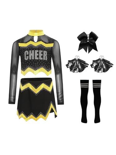 Agoky Mädchen Cheerleading Uniform Tanzkostüm Langarm Mesh Crop Top mit Rock und Sport Socken Handblumen Bowknot Bekleidungsset Wettbewerb Outfits Gold 146-152 Agoky Mädchen Cheerleading Uniform Tanzkostüm Langarm Mesh Crop Top mit Rock und Sport Socken Handblumen Bowknot Bekleidungsset Wettbewerb Outfits Gold 146-152 von Agoky