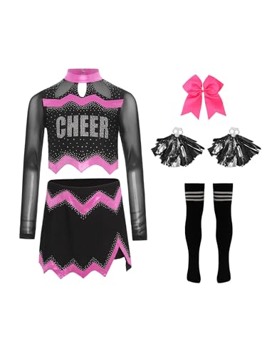 Agoky Mädchen Cheerleading Uniform Tanzkostüm Langarm Mesh Crop Top mit Rock und Sport Socken Handblumen Bowknot Bekleidungsset Wettbewerb Outfits Hot Pink 110-116 Agoky Mädchen Cheerleading Uniform Tanzkostüm Langarm Mesh Crop Top mit Rock und Sport Socken Handblumen Bowknot Bekleidungsset Wettbewerb Outfits Hot Pink 110-116 von Agoky
