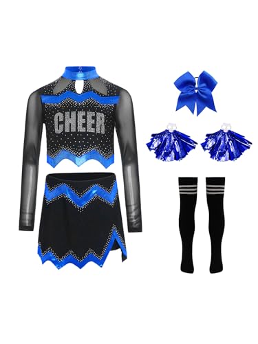 Agoky Mädchen Cheerleading Uniform Tanzkostüm Langarm Mesh Crop Top mit Rock und Sport Socken Handblumen Bowknot Bekleidungsset Wettbewerb Outfits Königsblau 146-152 Agoky Mädchen Cheerleading Uniform Tanzkostüm Langarm Mesh Crop Top mit Rock und Sport Socken Handblumen Bowknot Bekleidungsset Wettbewerb Outfits Königsblau 146-152 von Agoky