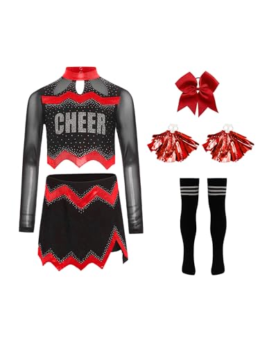 Agoky Mädchen Cheerleading Uniform Tanzkostüm Langarm Mesh Crop Top mit Rock und Sport Socken Handblumen Bowknot Bekleidungsset Wettbewerb Outfits Rot 146-152 Agoky Mädchen Cheerleading Uniform Tanzkostüm Langarm Mesh Crop Top mit Rock und Sport Socken Handblumen Bowknot Bekleidungsset Wettbewerb Outfits Rot 146-152 von Agoky